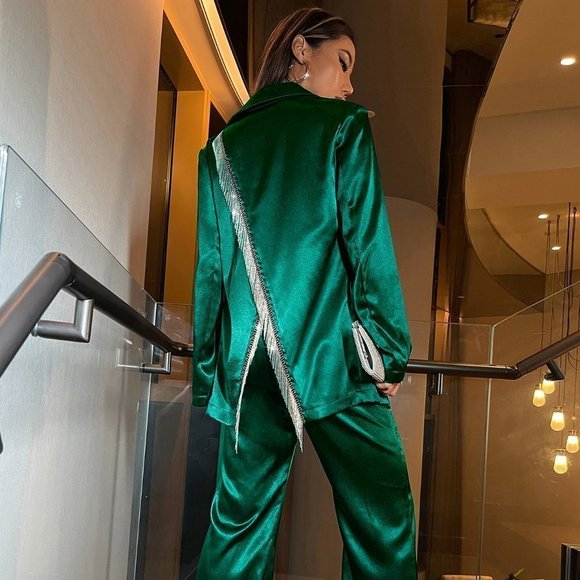 Dark Green Casual Womens Fringe Trim Split Back Single Breasted Blazer & Pants - Picture 3 of 5